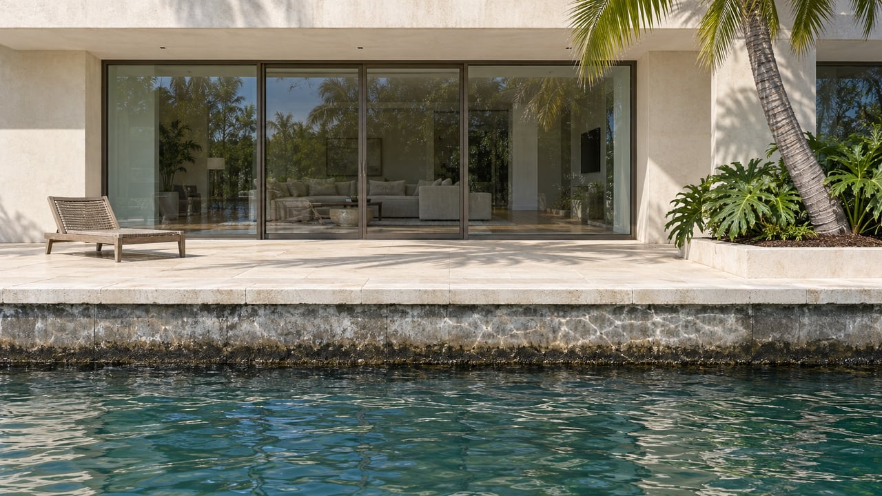 Canal water beside a limestone terrace and cream stucco home with bronze-framed glass doors and a curved coconut palm.