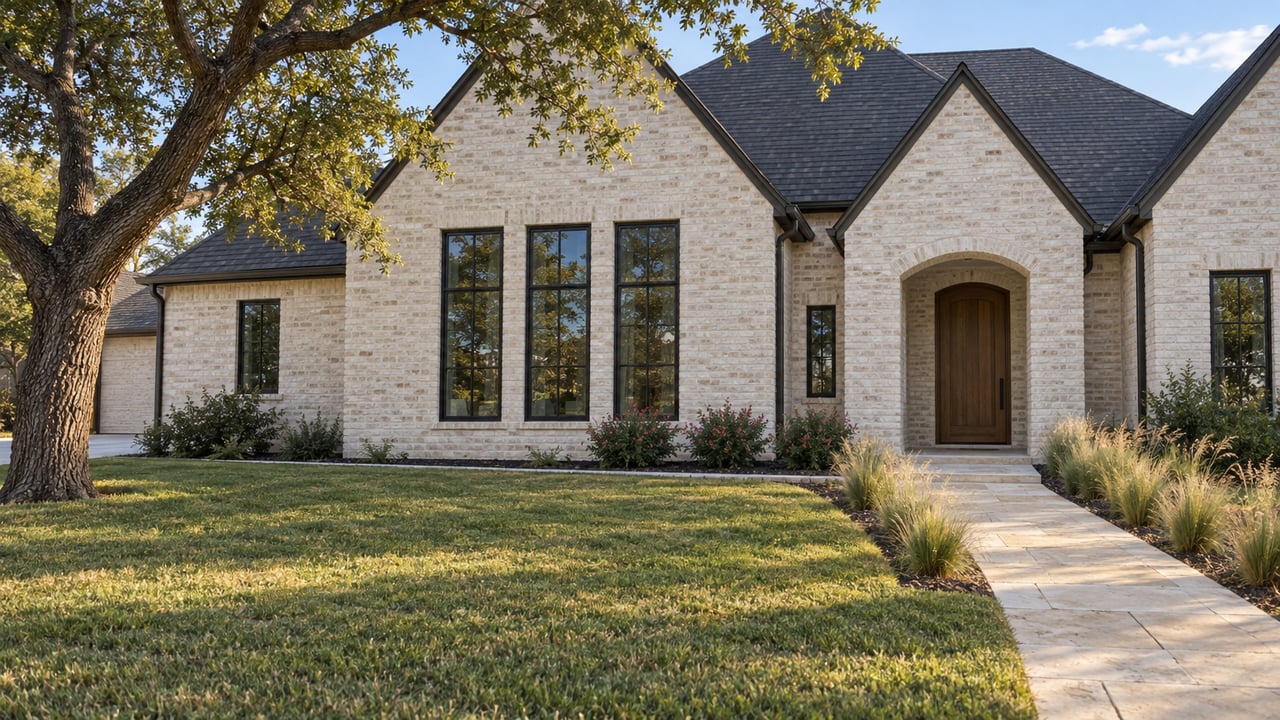 Pale-brick gabled home with dark-framed windows, an oak entry door, a limestone walk and a deep lawn in afternoon light.