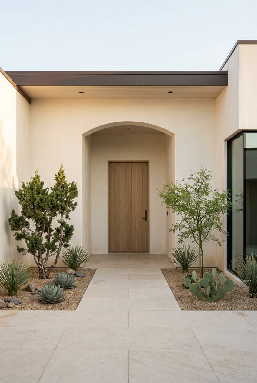 Arched desert-home entry framed by curated specimen plants.