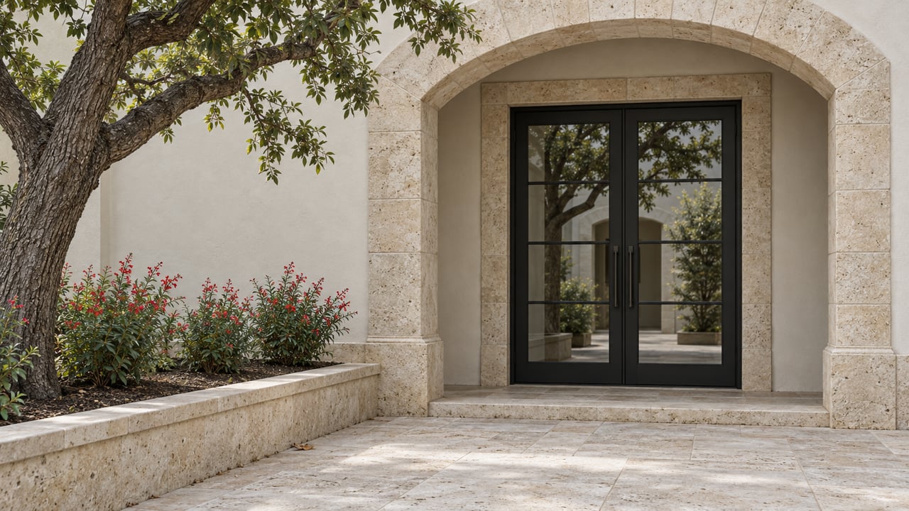 Limestone arched entry with paired black-steel glass doors, pale stone courtyard paving and a twisting live oak beside a raised planting bed.