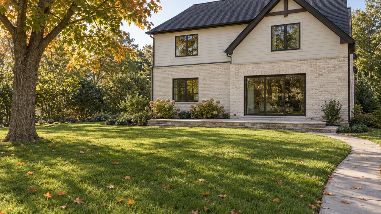 Two-story cream brick and pale-sided home beyond a deep lawn, framed by an autumn maple.