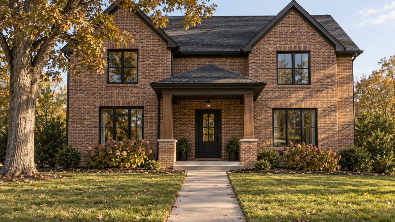 Red-brown brick house with a recessed porch, concrete path, broad lawn, and bronze-leaved oak.