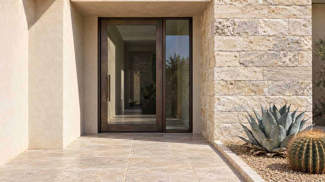 Sunlit limestone and ivory plaster entrance with a closed bronze-framed glass door and two sculptural desert plants in a bordered gravel bed.