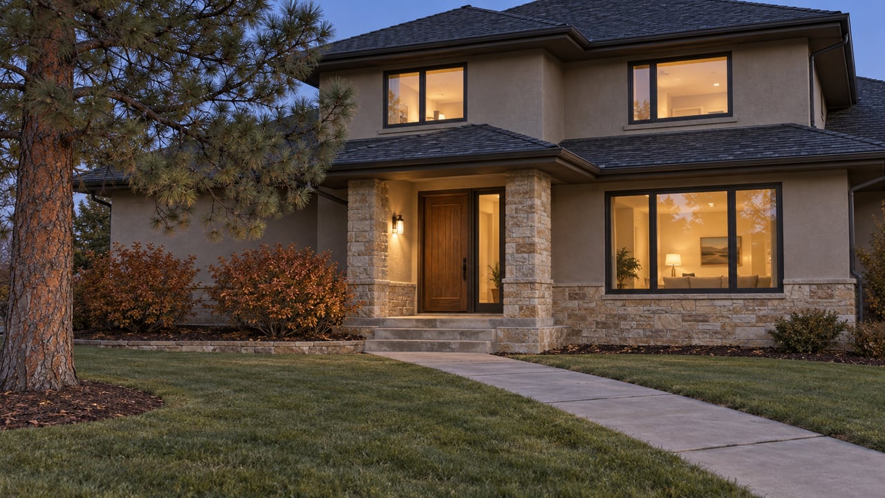Stone and stucco home at dusk, with warm windows, a deep autumn lawn, and a mature pine beside the front walk.