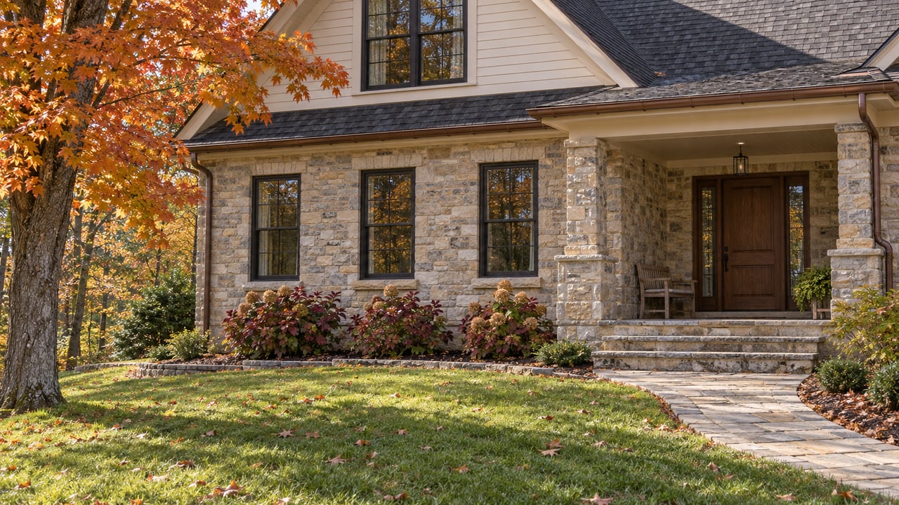 An autumn maple frames a stone-and-cream home with a steep charcoal roof, covered porch, and curved limestone walk across a sloping lawn.