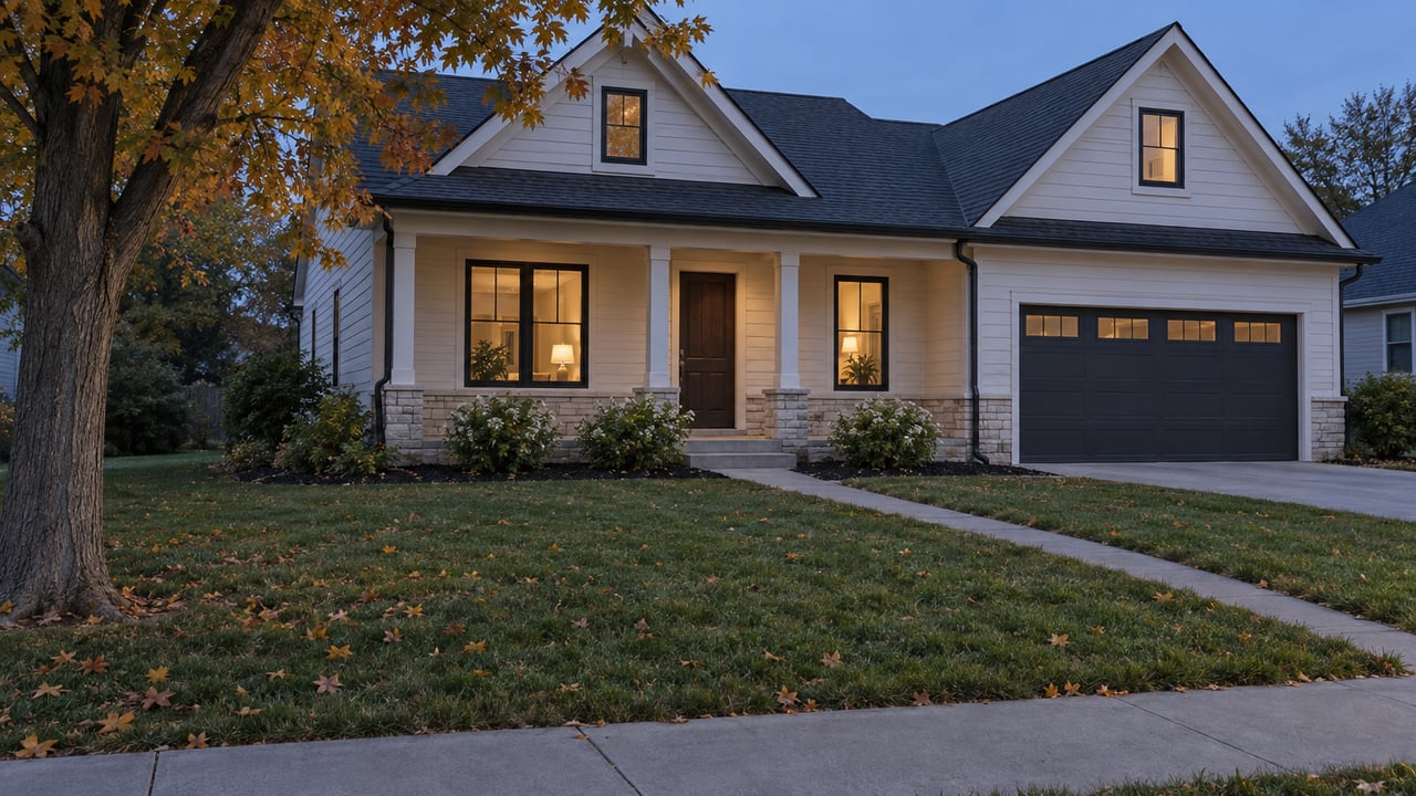 Detached house with warm-lit windows, broad lawn, amber tree, and sidewalk at dusk.