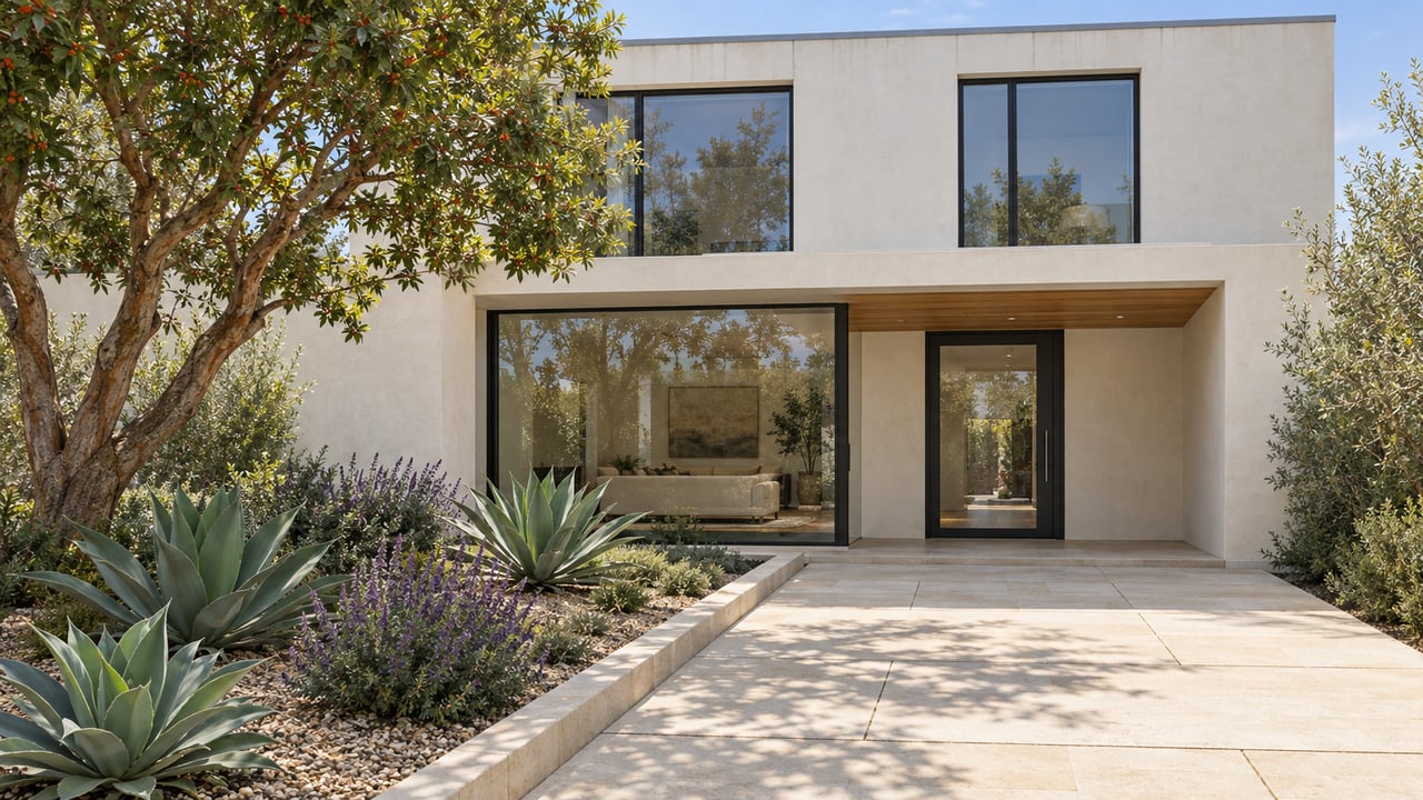 Modern white stucco home with tall black-framed windows, a limestone entry walk and sculptural planting in soft daylight.