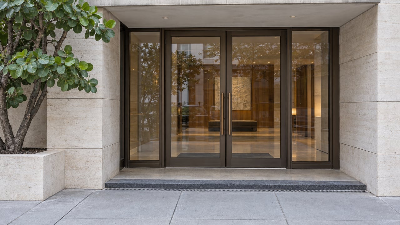 Residential tower entrance with closed glass doors, pale limestone piers, and a leafy tree in an integrated planter.