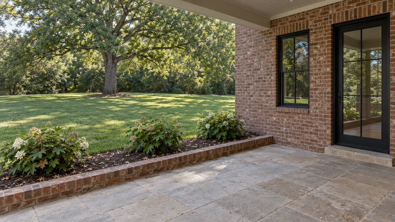 Limestone terrace beside a brick house overlooks a lawn, oak tree, and hydrangea border.