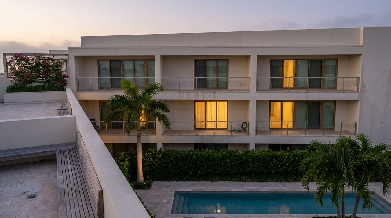Four-story coastal condominium with glass balconies overlooking a courtyard pool, viewed at dusk with warm lights glowing behind three doors.