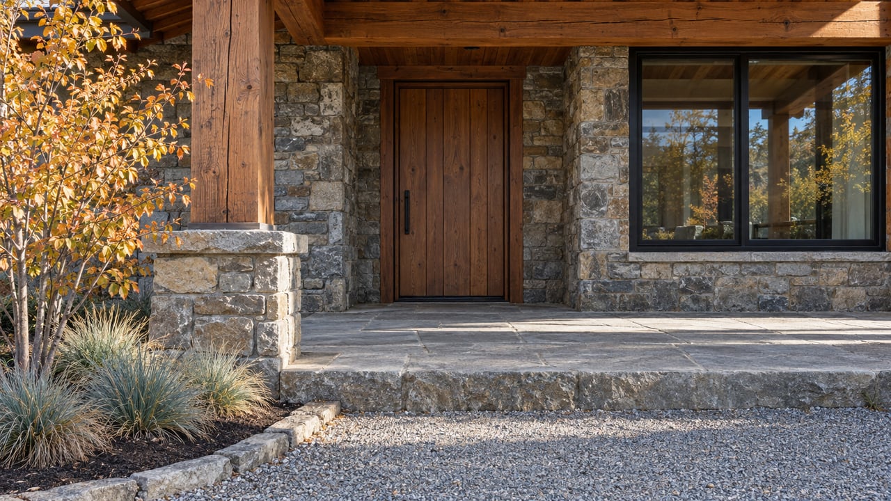 Close exterior view of a timber porch, stone walls, a closed wood door, and autumn serviceberry beside a broad stone step.