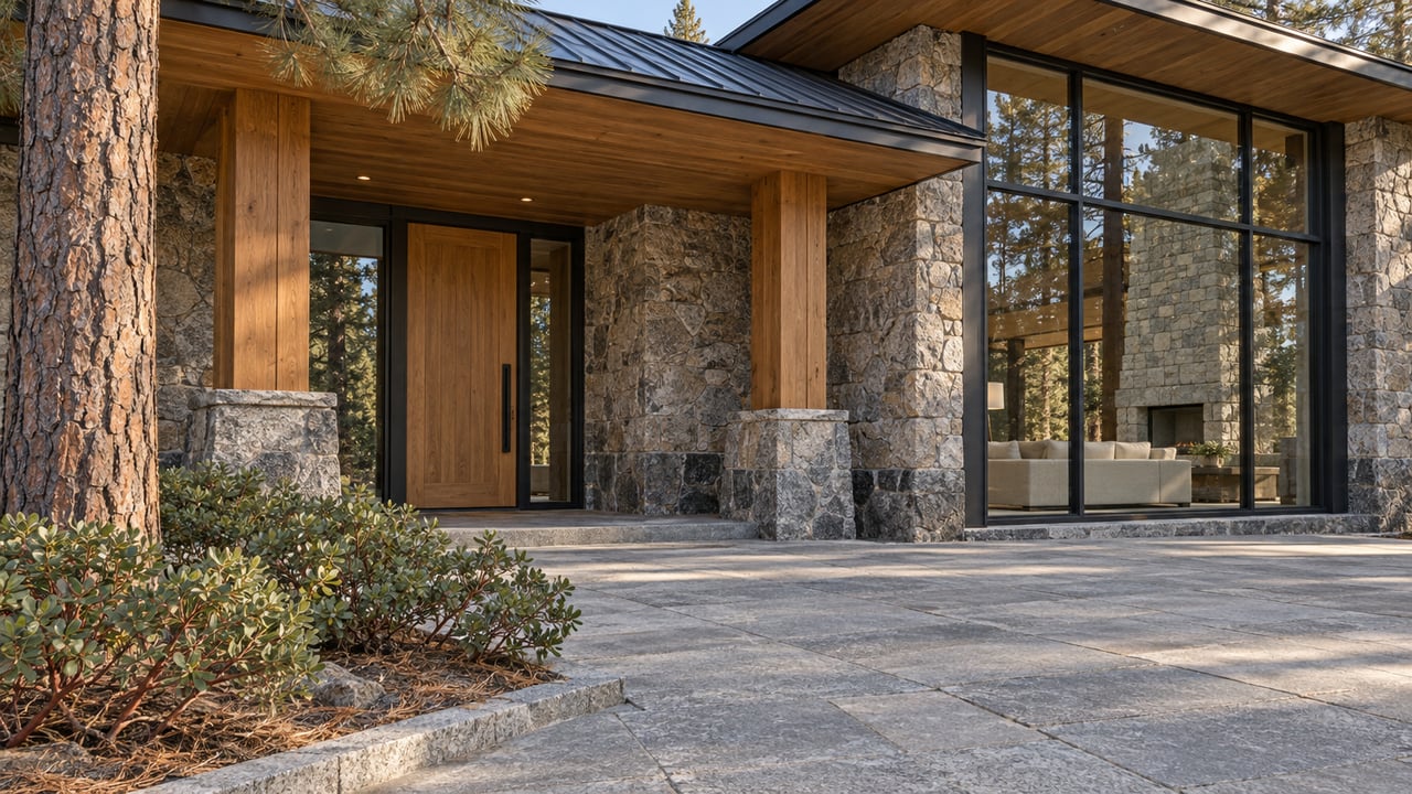 Timber and granite home entrance beside a tall glazed living room, with a broad stone approach and carefully edged native planting.