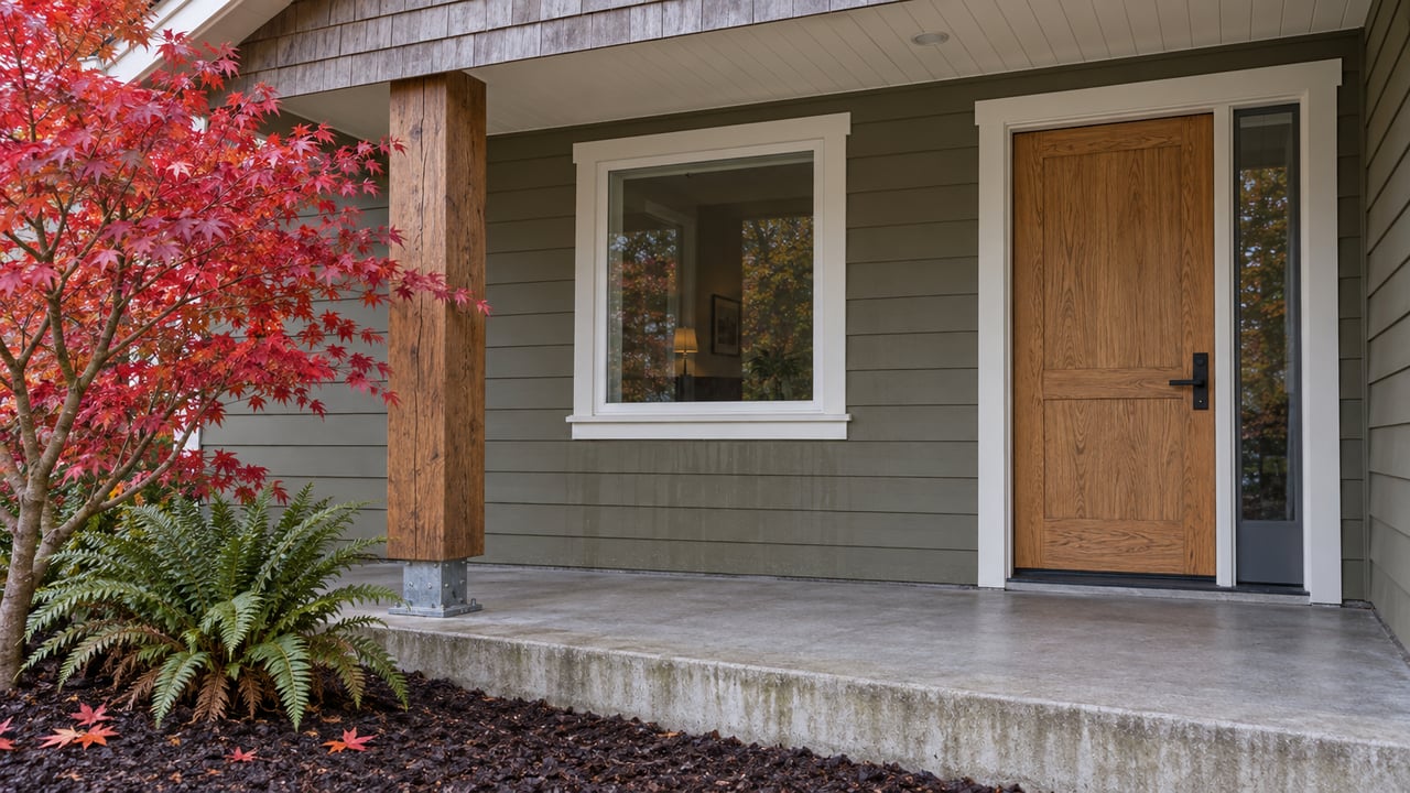Covered home entry with olive lap siding, weathered cedar shingles, an oak door and crimson Japanese maple beside a raised concrete landing.