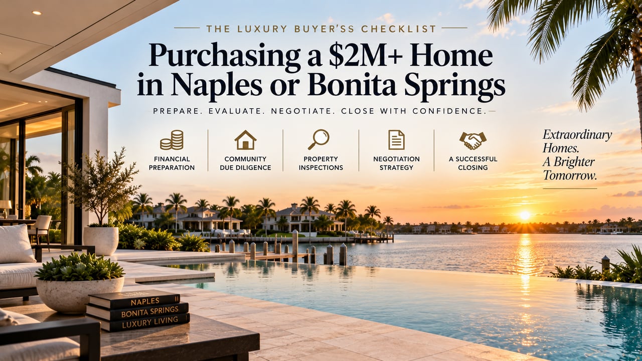 Luxury waterfront home in Naples or Bonita Springs, Florida, illustrating a $2M+ home buyer’s checklist covering financial preparation, community due diligence, property inspections, negotiation strategy, and closing.