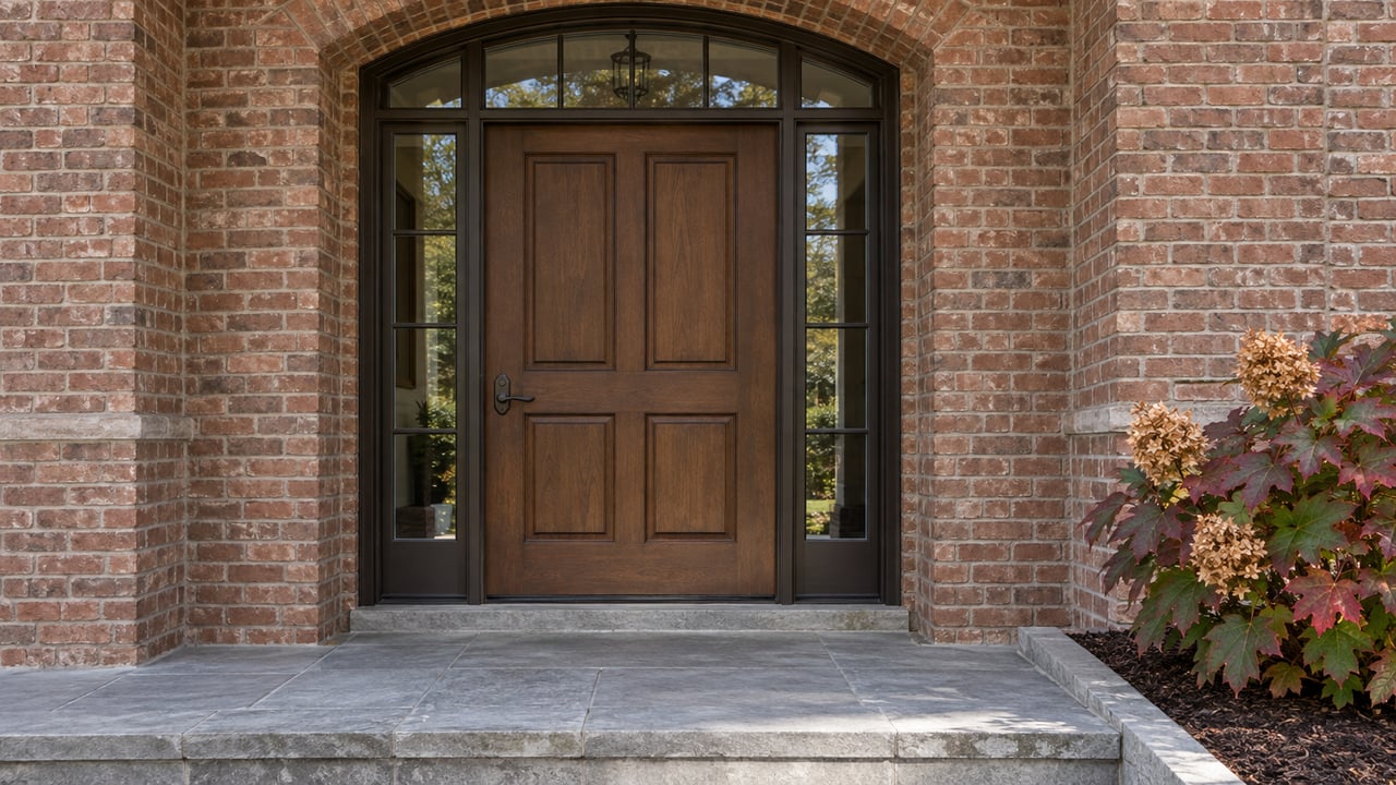 Brick arched entry with a walnut door, matching glass sidelights, and a limestone landing beside autumn oakleaf hydrangea.