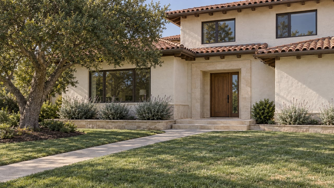 A warm-white stucco home with terracotta roof tiles, limestone entry steps and a deep front lawn beside a mature oak.