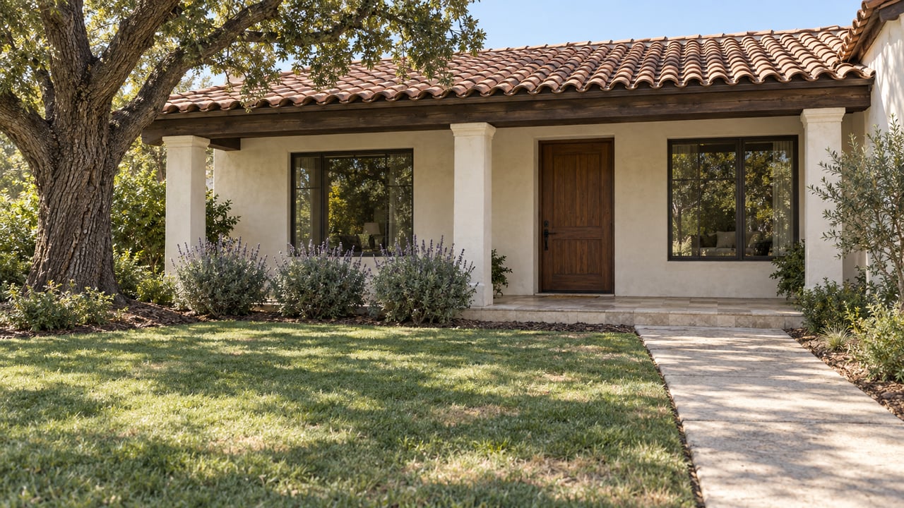 Morning light on a single-level stucco home with a clay-tile roof, shaded timber porch, oak tree and deep front lawn.