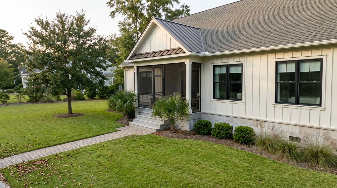 Coastal contemporary home with a screened porch beside an open lawn, paver path, and spreading oak tree.