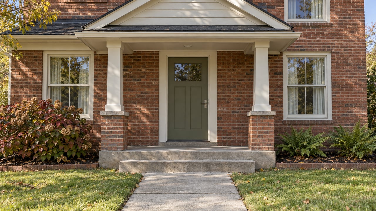 Rust-red brick home with an ivory gabled porch, olive front door, and autumn planting beside a concrete walk.