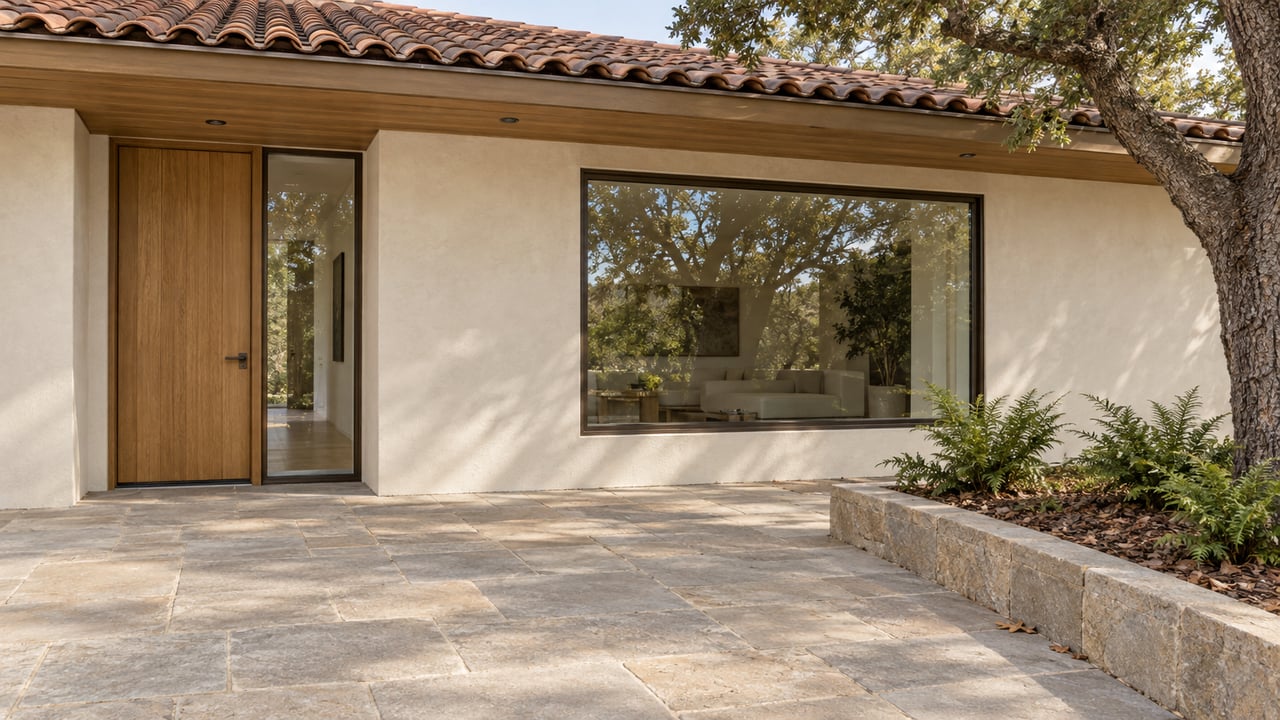 Cream stucco home with clay roof tiles, an oak entry door and stone terrace beside a mature oak tree.