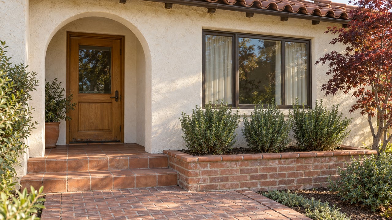 Cream stucco home with an arched oak entry, weathered clay tiles, brick approach, rosemary planter, and burgundy Japanese maple.