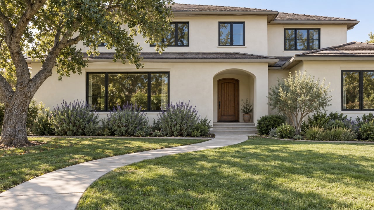 An ivory stucco home with black-framed windows, an arched oak entry and a deep front lawn shaded by a mature oak.