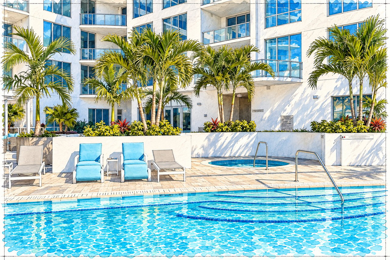 The Mark Sarasota pool deck with blue water, lounge chairs, palm trees, and a white condominium building.