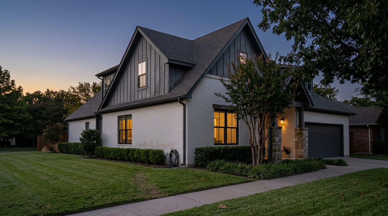 Two-story white-brick home with charcoal gable, warm-lit windows, stone porch column, and lawn at dusk.