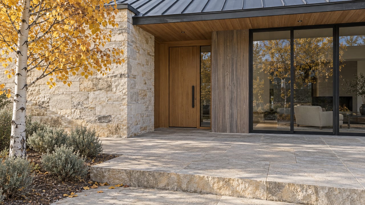 Autumn sunlight on a pale stone terrace, timber entry and black-framed windows, beside a golden aspen and silver sagebrush.