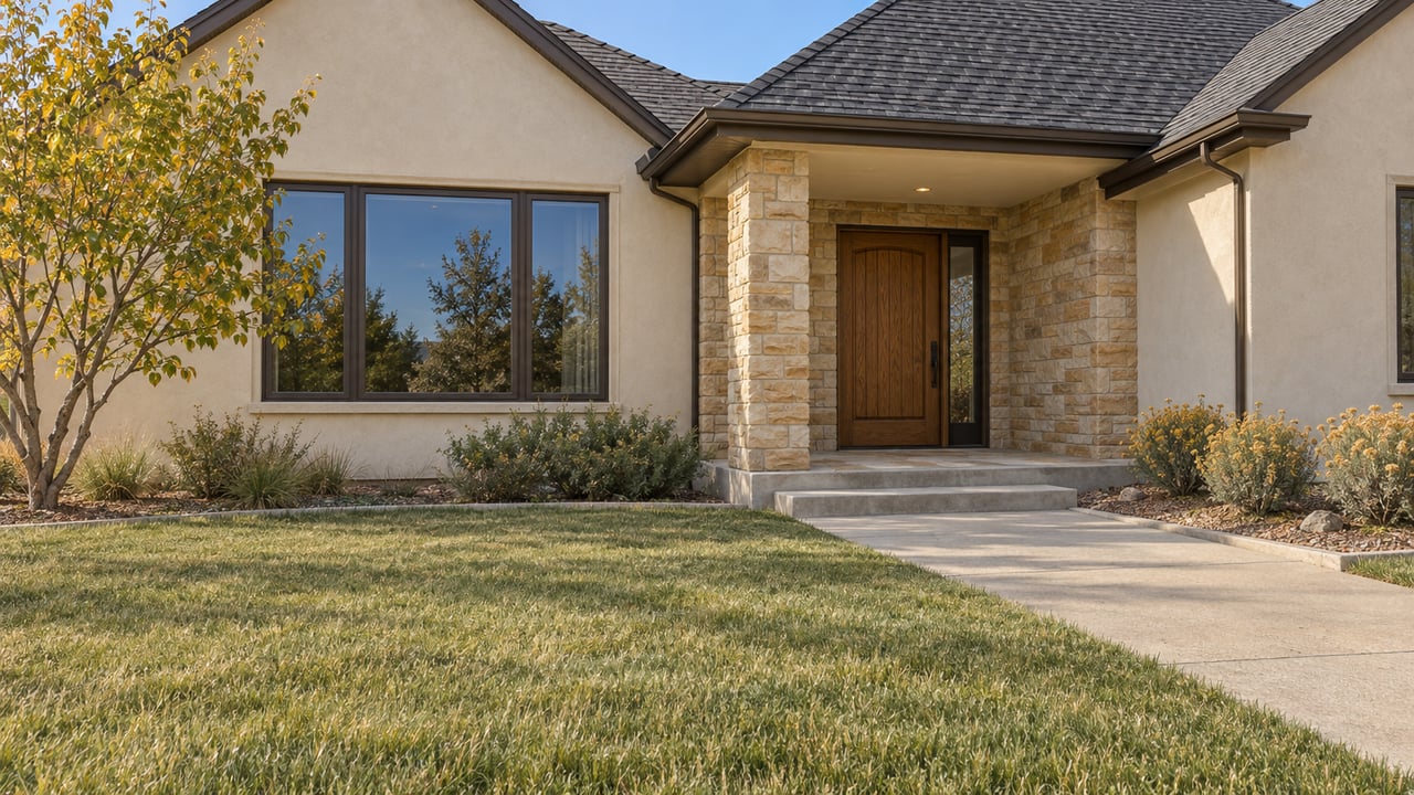 Ivory stucco home with charcoal gables, a sandstone entry, deep lawn and carefully spaced dry-climate planting.