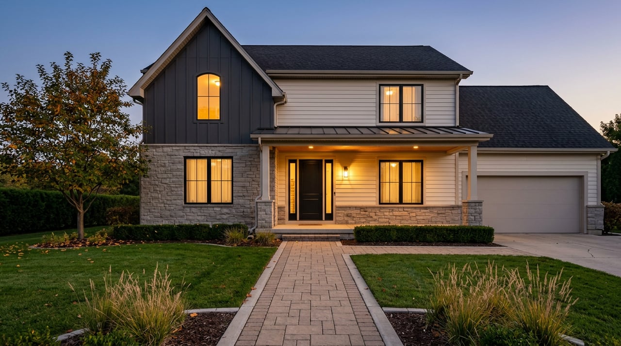 Two-story home at dusk with a charcoal gable, glowing arched window, stone porch, and paver walkway.