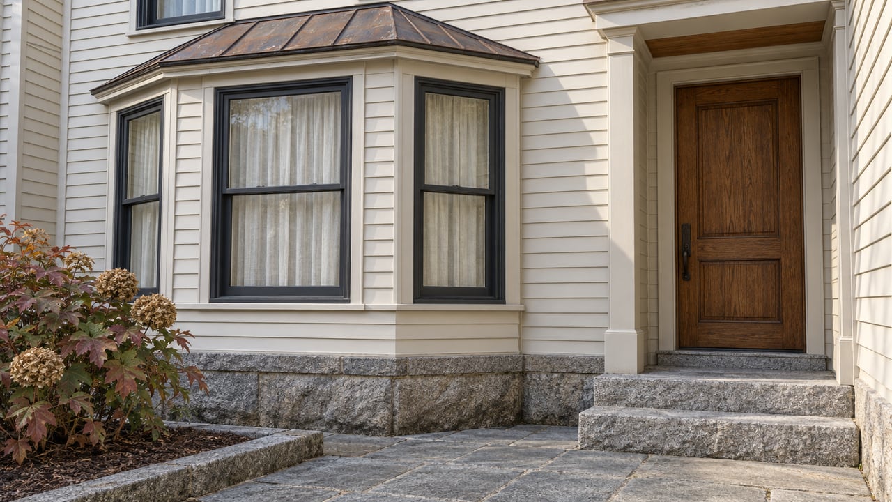 White clapboard residence with a copper-roofed bay window, recessed oak entrance and granite steps beside an autumn oakleaf hydrangea.