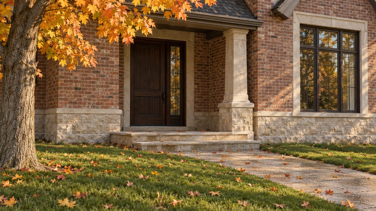 Brick-and-limestone home entry with a dark oak door, broad lawn, stone path, and golden maple canopy.