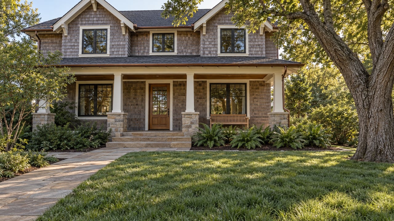 Weathered cedar-shingle home with black-framed windows, a sandstone porch, and a broad lawn beneath a mature oak.