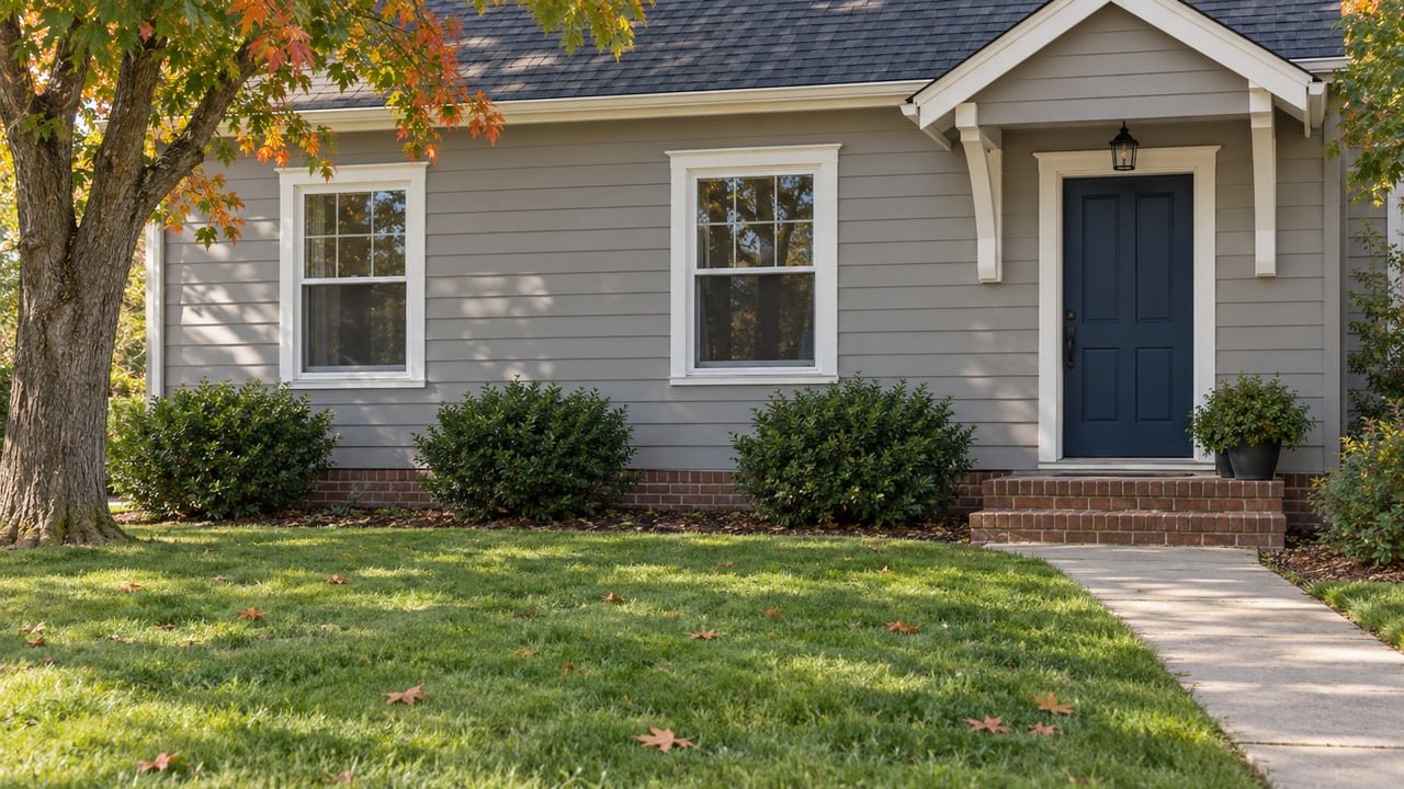 Detached house with gray siding, dark blue door, brick steps, and a diagonal walk across the lawn.