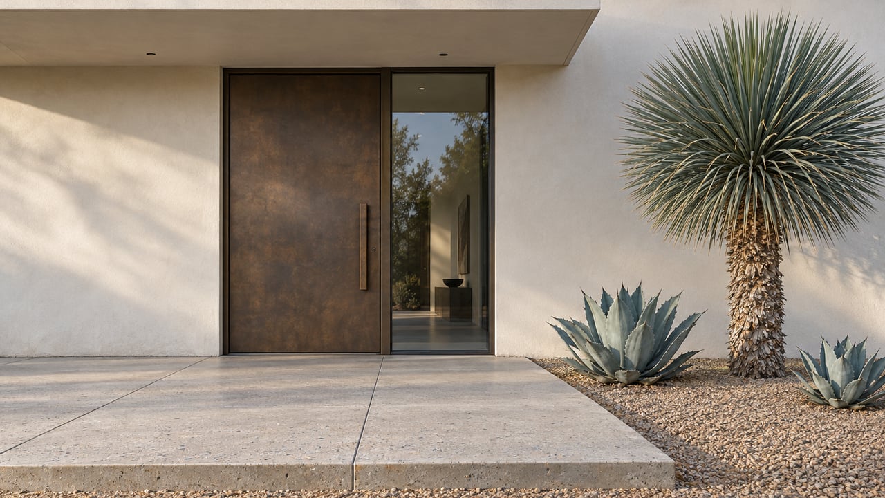 Contemporary home's shaded bronze entry and tall glass sidelight beside sculptural blue-green desert plants and a broad concrete approach.