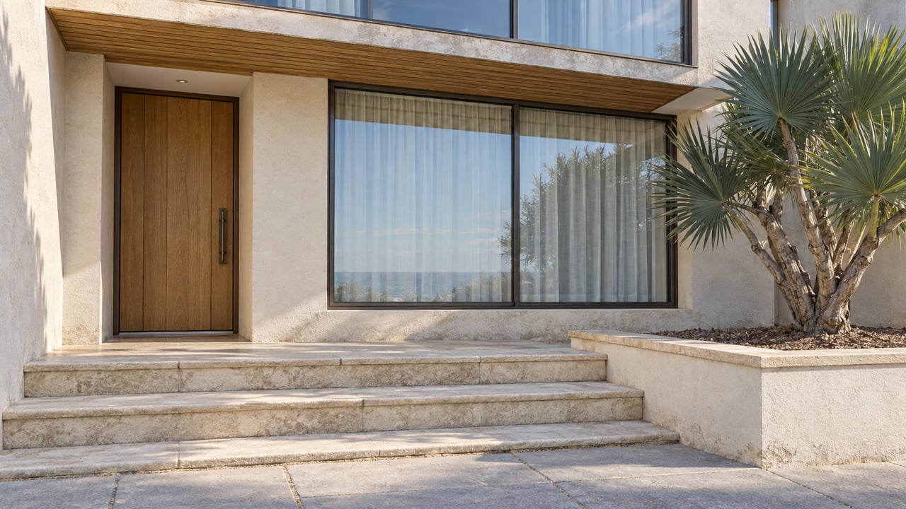 Sunlit cream-stucco home with wood soffits, a recessed oak door, broad bronze-framed windows and limestone entry steps beside a sculptural fan aloe.