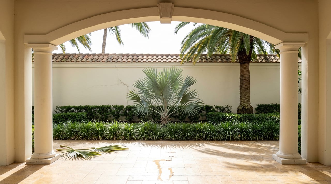 Travertine loggia frames a garden terrace with a silver-blue palm, clipped hedges, and terracotta-capped stucco walls.