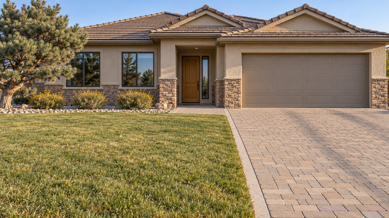 Warm afternoon light across a greige stucco home with stone wainscot, a deep autumn lawn, and a broad paver driveway.