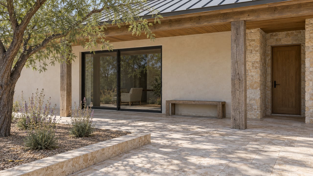 Cream stucco home with a timber-covered limestone terrace, glass doors, a teak bench and a mature velvet mesquite beside a raised stone planting bed.