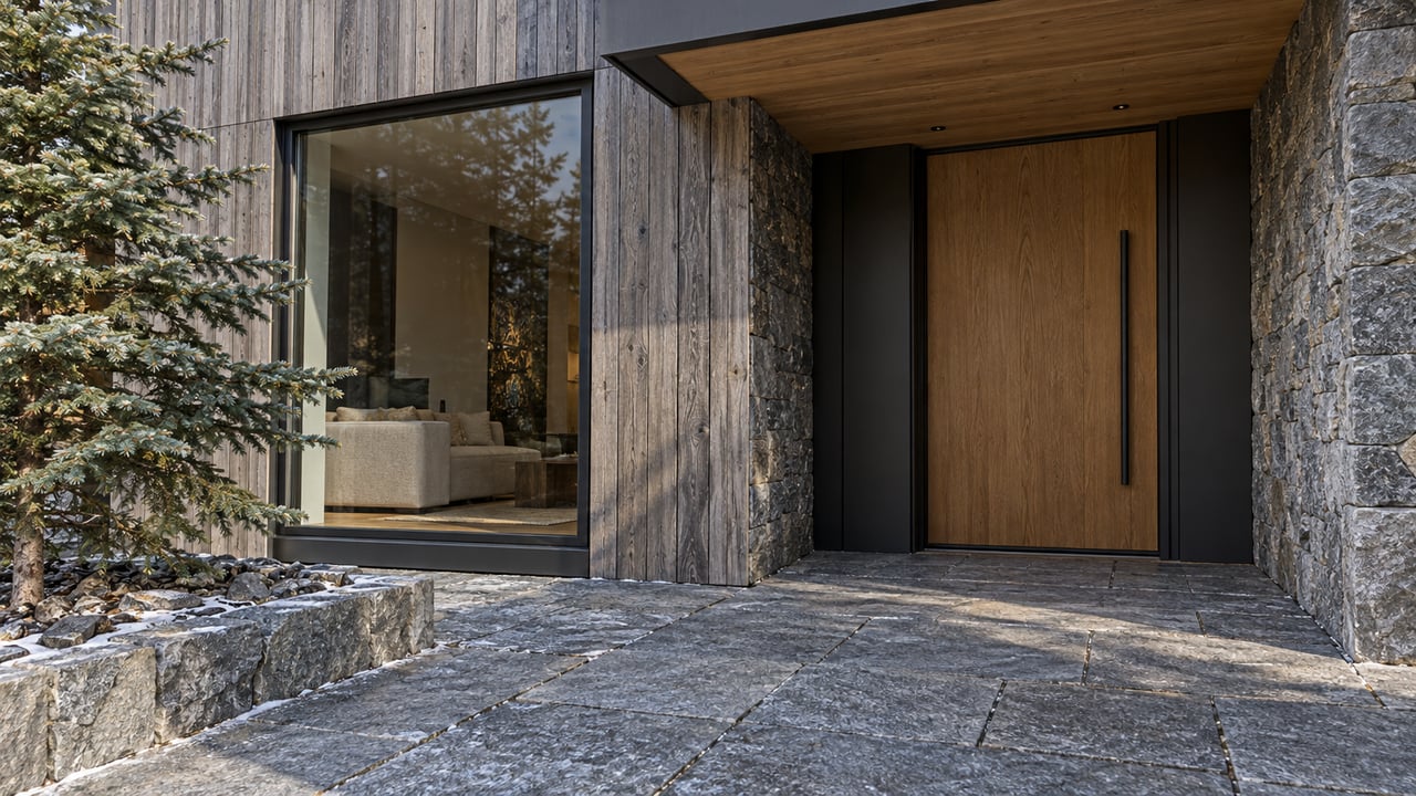 Weathered cedar and gray stone frame a covered home entrance beside a tall window and a blue-green spruce.