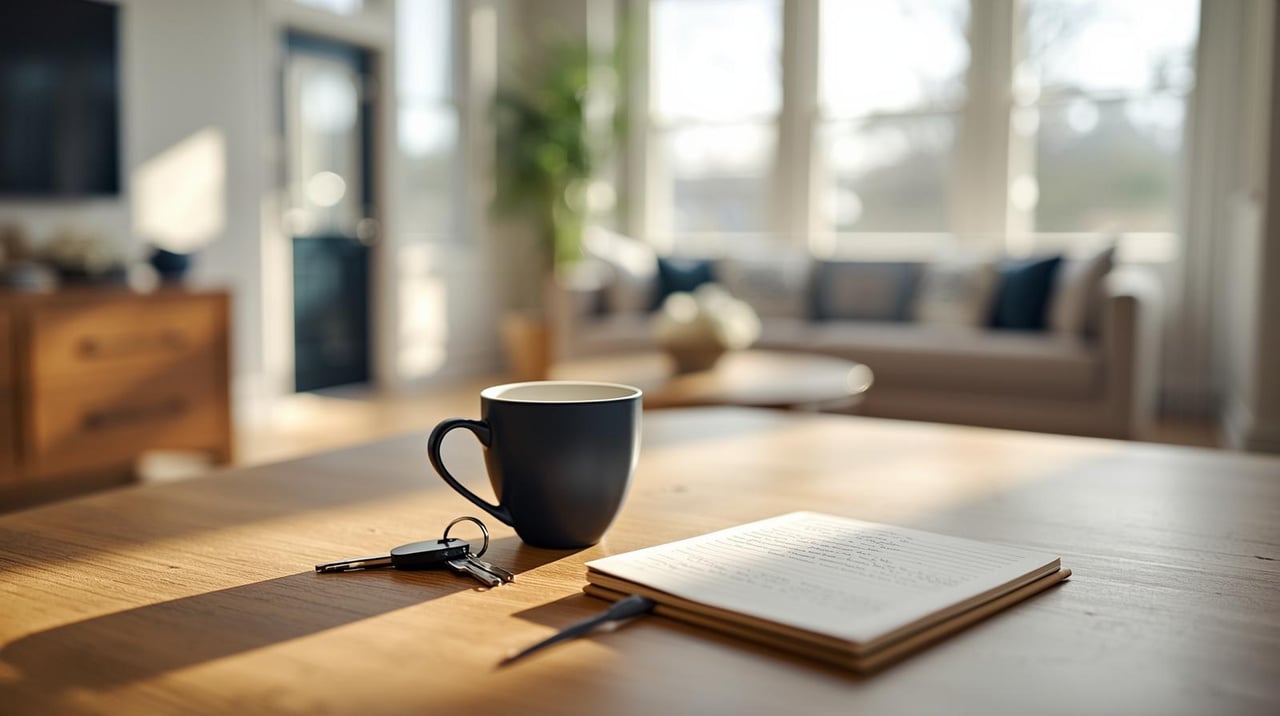 Sunlit living room with a sofa behind a table holding keys, a mug, and an open notebook.