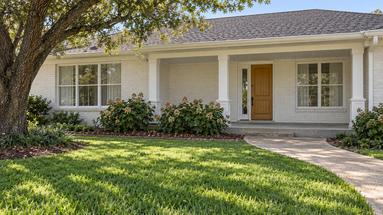 Sunlit ivory painted-brick home with a deep covered porch, broad front lawn and mature live oak.