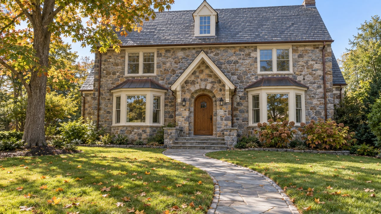 Stone house with a steep slate roof, oak front door, and deep autumn lawn crossed by a bluestone walk.