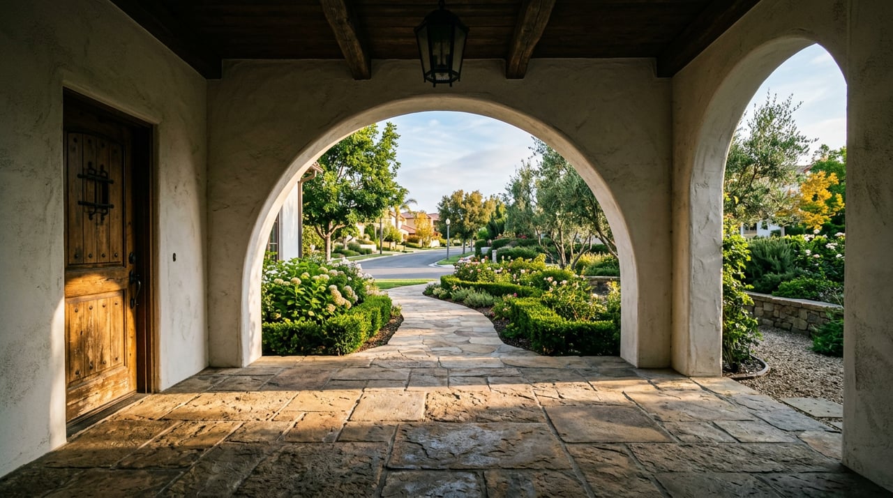 Stucco loggia arch frames a flagstone walk bordered by clipped hedges beneath a live oak canopy.
