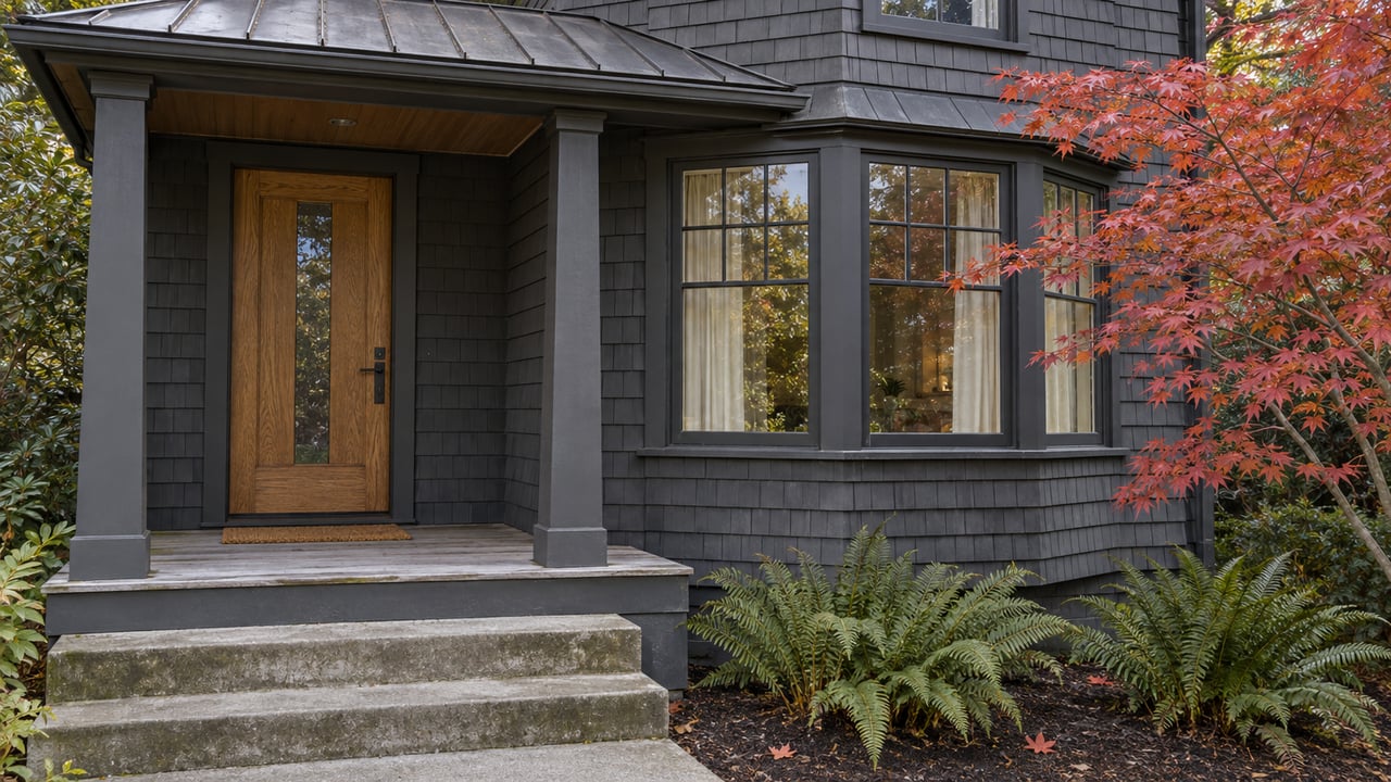 Charcoal shingle home with an oak entry door, dark-trimmed bay window, weathered cedar porch and copper-red Japanese maple.