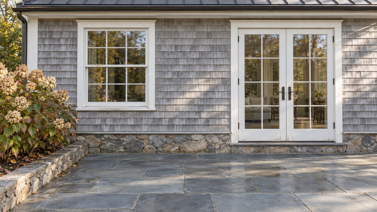 Weathered cedar-shingle house with a six-over-six window, glazed French doors, and a bluestone terrace.