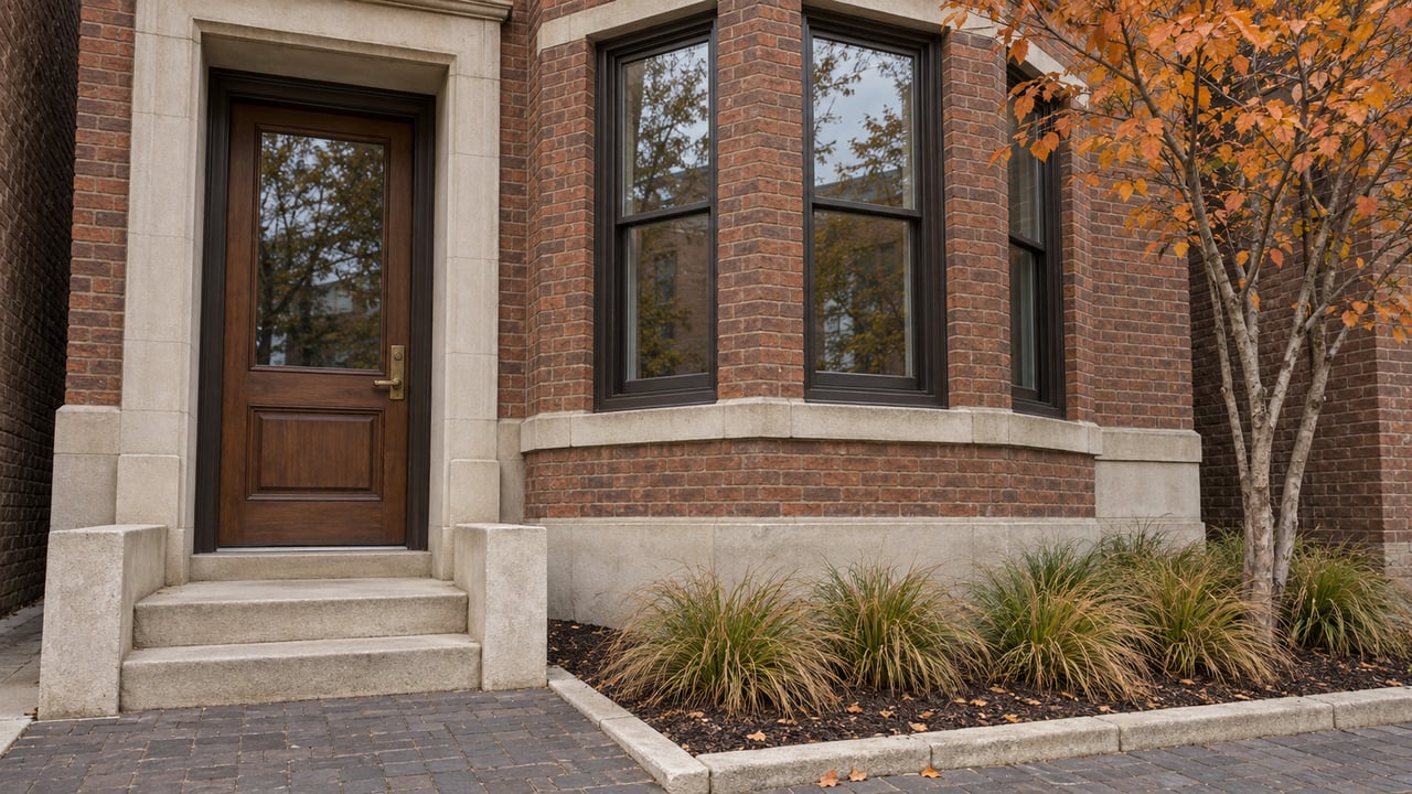 Russet brick townhouse entrance with worn limestone steps, tall bay windows, and copper-colored serviceberry leaves.
