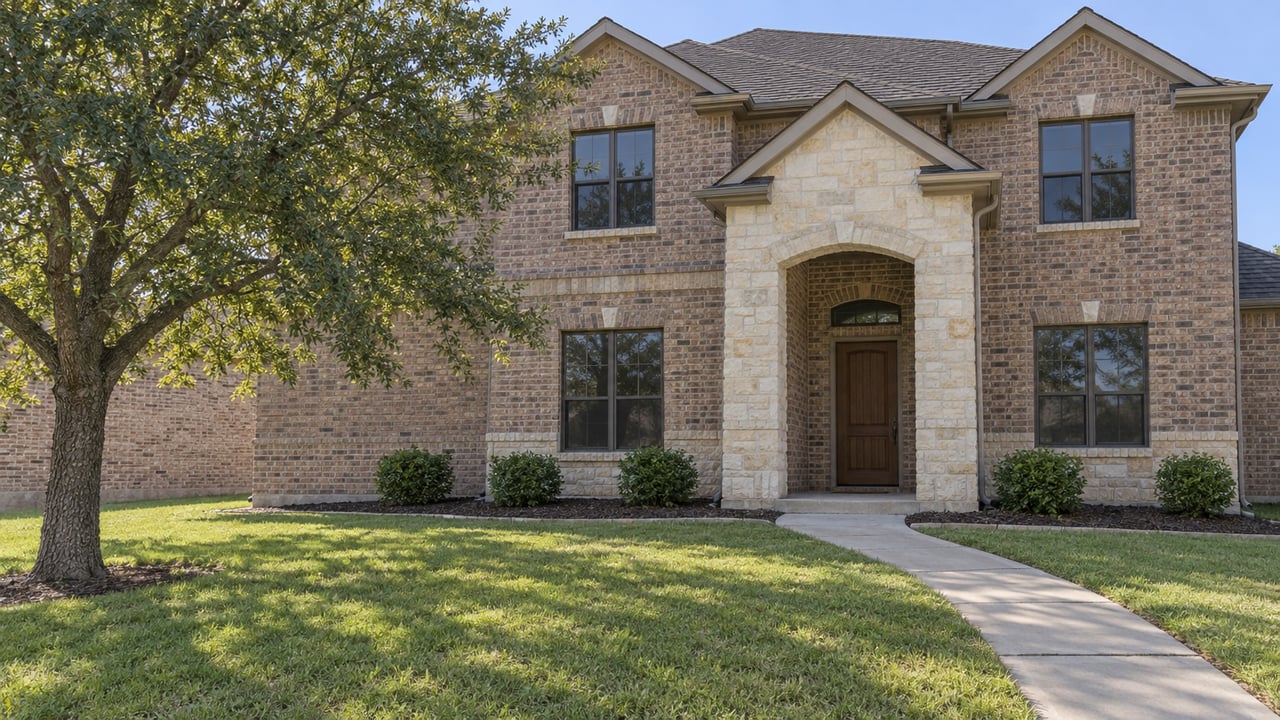 Brick-and-limestone two-story home behind a broad lawn, with a shaded entry, curved concrete walk and mature oak.
