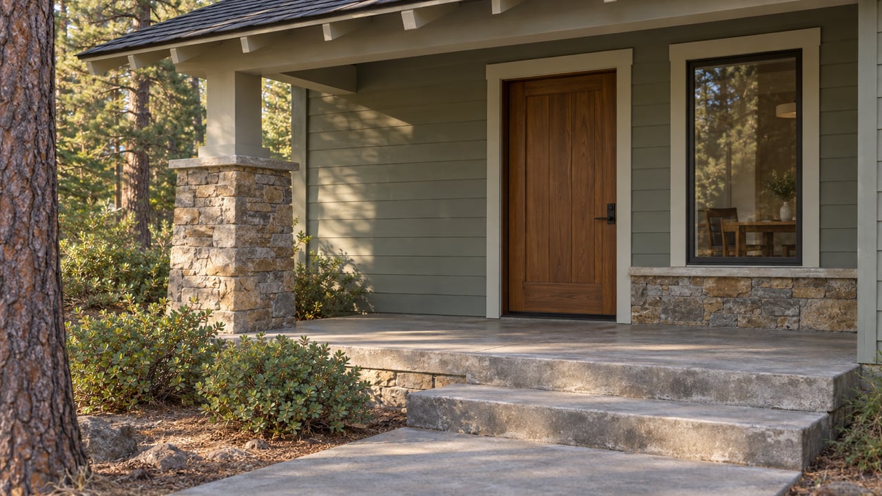 Covered entry with a wood door, stone pier, raised concrete steps, and a glimpse of a dining table through the window.